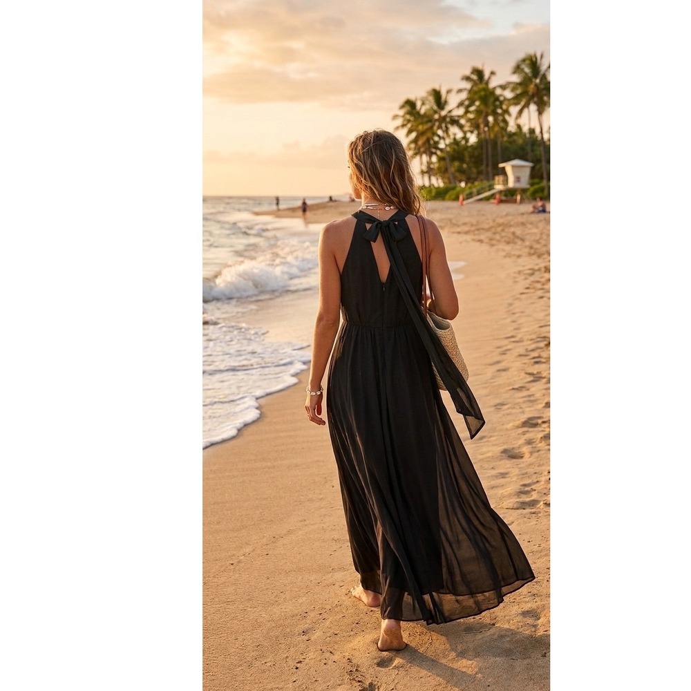 Vince Camuto chiffon Halter Maxi‎ Dress Rich Black Tie Back XS boho whimsical